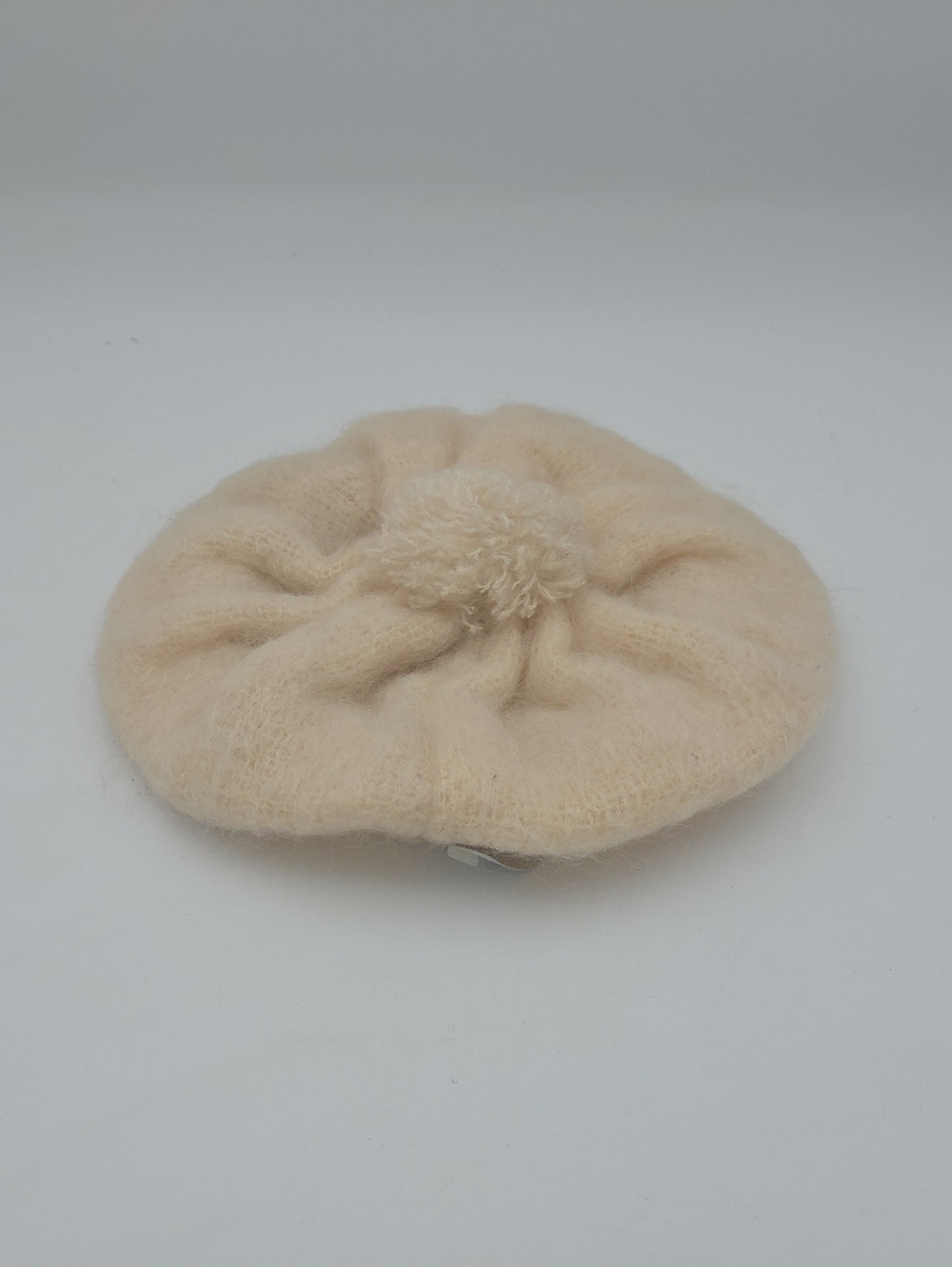 Mohair Wool Cream Beret with Pom Pom